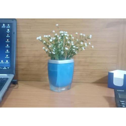 2 Adet Vazo Dahil,Vazoda Çiçek,Beyaz Yapay Çiçek,Vazo Dekoratif Gri Mavi Poliresin 8X4X16Cm