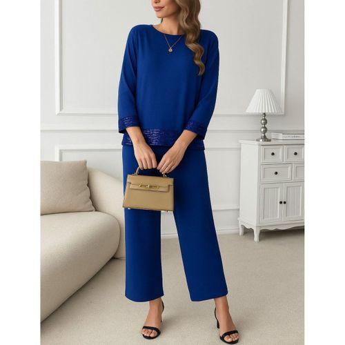 Kadın Uzun Kollu Bisiklet Yaka Pulpayetli Viskon Iki Iplik Bluz Ve Pantolon Ikili Takım