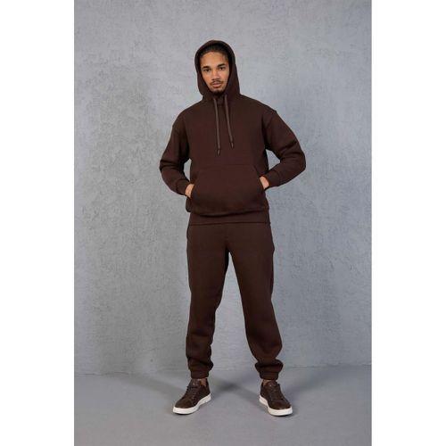 Şardonlu Kanguru Cepli Sweatshirt - 3 İplik Şardonlu Lastik Paça Erkek Eşofman Altı- Eşofman Takımı - Kahve