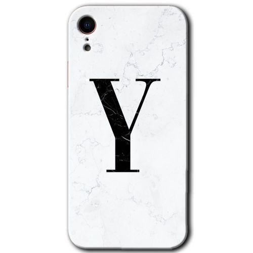 iPhone XR Kılıf Baskılı Kapak - Beyaz Mermer Desenli Y Harfi +Tam Ekran Koruyucu