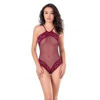 Dantel İşlemeli Bordo File Tül Bodysuit