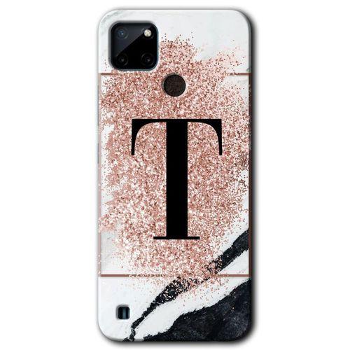 BeRa Aksesuar Realme C21 Kılıf Baskılı Kapak - Pembe Mermer Desenli T Harfi +Tam Kaplayan Mat Seramik