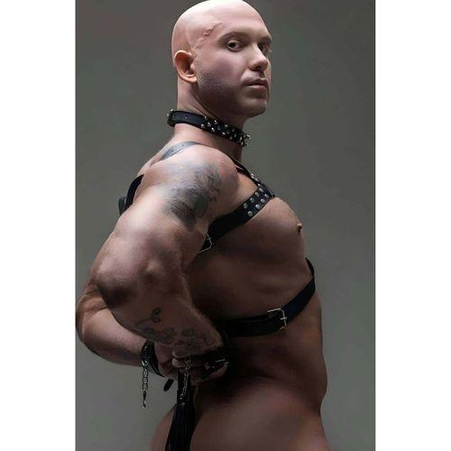 Erkek Fantazi Giyim, Deri Erkek Harness Takım, Çivili Choker, Kırbaç - Brfm102