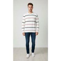 Erkek Bisiklet Yaka Cizgili Triko Kazak Yumuşak Dokulu Pamuklu Ince Dokuma, Uzun Kollu Rahat Regular Kalıp - Beyaz