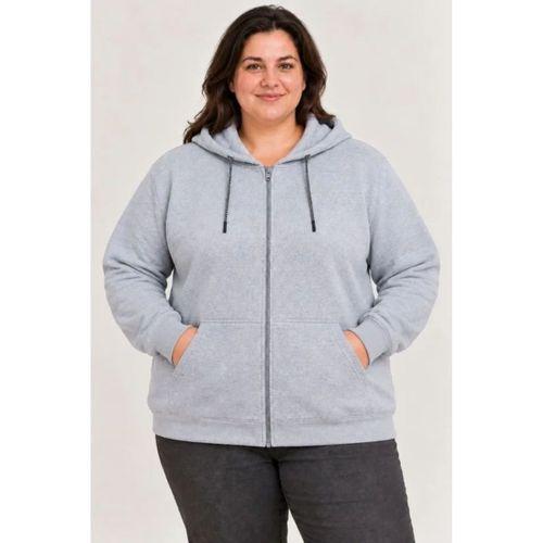 Battal Büyük Beden Üç İplik İçi Şardonlu Kapüşonlu Tam Fermuarlı Kışlık Sweatshirt - Gri