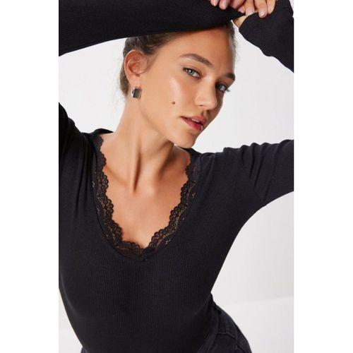 Kadın Dantel Detay V Yaka Kaskorse Kumaş Bluz