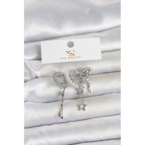 Pirinç Gümüş Renk Zirkon Taşlı Gece Temalı 3'lü Kadın Küpe