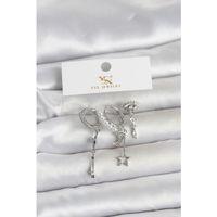 Pirinç Gümüş Renk Zirkon Taşlı Gece Temalı 3'lü Kadın Küpe