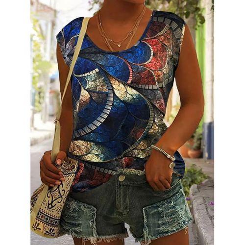 Kadın Sıfır Kol Yuvarlak Yaka Karışık Renkli Baskılı Süprem Bluz