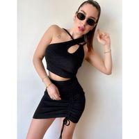 Kadın Asimetrik Yaka Detay Crop Ve Yüksek Bel Mini Etek Ikili Takim