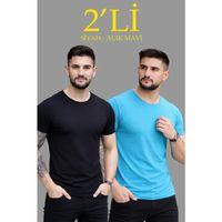 Erkek 2li Bisiklet Yaka Tişört – Kısa Kollu Yazlık Slim Fit Body - Siyah - Açık Mavi