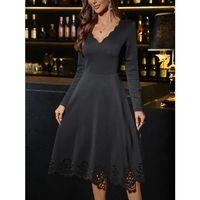 Kadın Uzun Kollu V Yakalı Lazer Kesim Detaylı Midi Ithal Krep Elbise