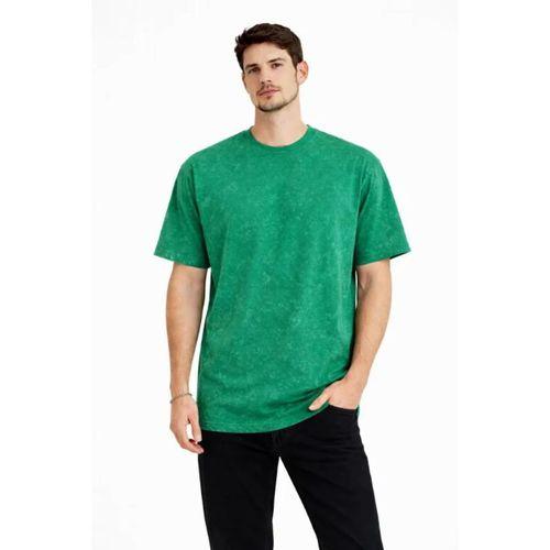 Erkek Asit Yıkama Bisiklet Yaka Kısa Kollu Oversize T-Shirt Tişört - Yeşil