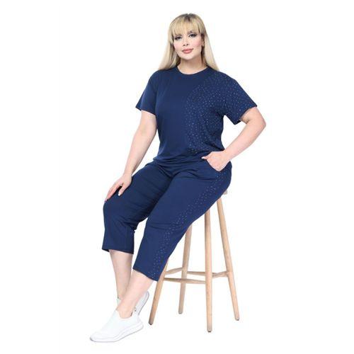 Melsay Butik Lacivert Kısa Kollu Yarım Taş Baskılı Viskon Kapri Takım