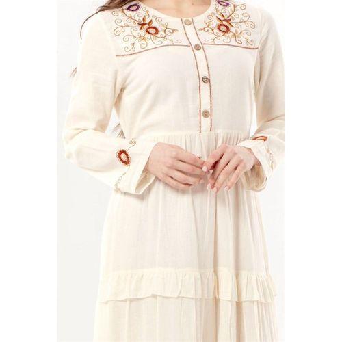 Uzun Kol Zeynep Bisiklet Yaka Nakışlı Uzun Vual Elbise Krem Krm