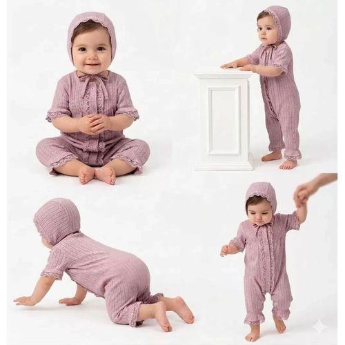 3/12 Ay Şapkalı Dantelli Jakar Kumaş Bebek Tulumu