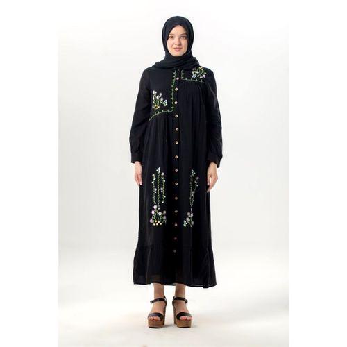 Uzun Kol Neşe Nakış Detaylı Boydan Düğmeli Yazlık Şile Bezi Uzun Elbise Siyah Syh