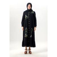 Uzun Kol Neşe Nakış Detaylı Boydan Düğmeli Yazlık Şile Bezi Uzun Elbise Siyah Syh