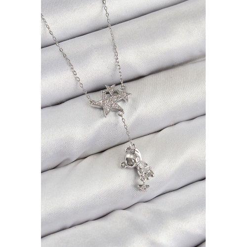 Pirinç Zirkon Taşlı Sallantılı Ayıcıklı Yıldız Model Gümüş Renk Kadın Kolye