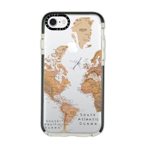 iPhone 7 Casetify Dünya Harita Desenli Anti Shock Premium Silikonlu Siyah Kenar Detaylı Telefon Kılı