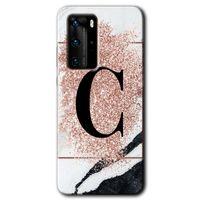 Potkal Hediye Fabrikası Huawei P40 Pro HD Baskılı Kılıf + 9D Tam Ekran Koruyucu - Pembe Mermer Desenli C Harfi