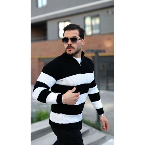 Erkek Şerit Renk Desenli Zip Yaka Kazak