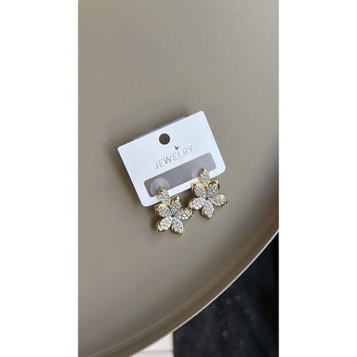 Taşlı Çiçek Küpe - Altın