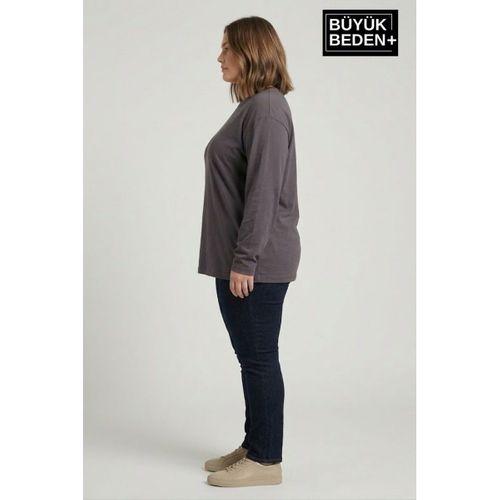 Kadın Büyük Beden Uzun Kollu 2 İplik Bisiklet Yaka Tişört