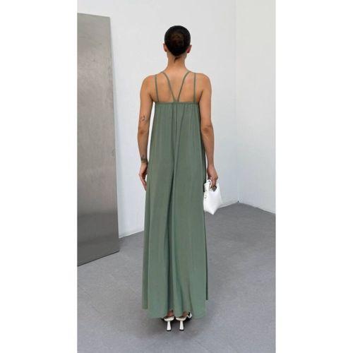 Kadın Omuz Askılı Kuş Gözü Zincir Detay Sandy Kumaş Maxi Boy Elbise