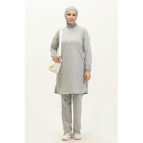 Yırtmaçlı Bisiklet Yaka Sade Basic Eşofman Spor İkili Takım - 03060.008 - Gri