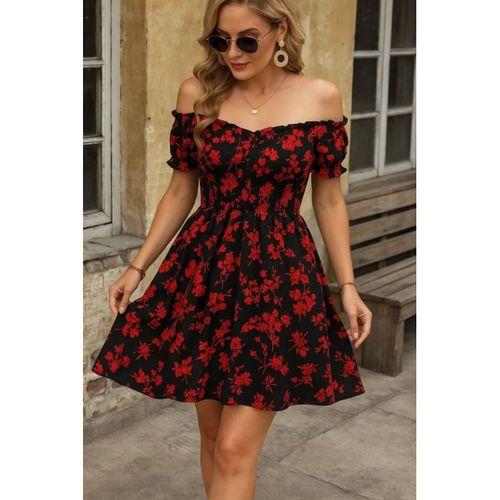 Kadın Kısa Kollu Madonna Yaka Beli Lastikli çiçek Desenli Kısa Süprem Elbise