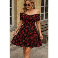 Kadın Kısa Kollu Madonna Yaka Beli Lastikli çiçek Desenli Kısa Süprem Elbise