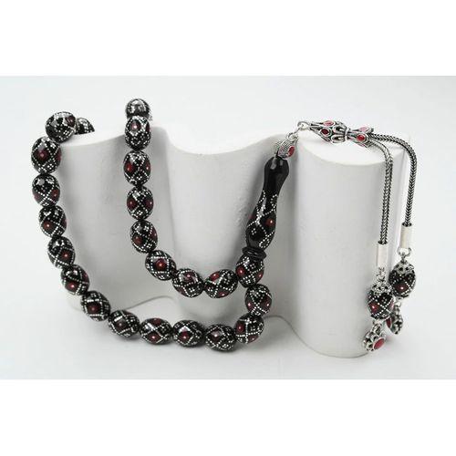 Oltu Taşı Beyzi Fiyonk Kırmızı İşlemeli Tespih