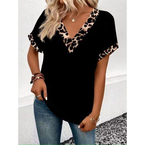 Kadın Kısa Kollu V Leopar Yakalı Viskon Bluz