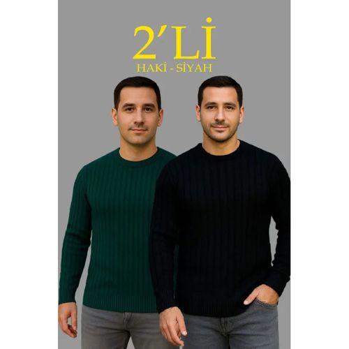 Erkek Fitilli Triko Kazak 2’li Set Siyah Haki Kalın Dokuma Pamuklu Regular Fit Bisiklet