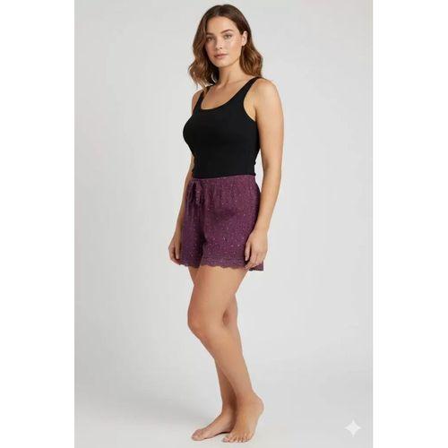 Düz Renk Mini Çiçek Desenli Penye Kadın Ev Şortu Bacak Dantel Detaylı Ev Giyim Gül Kurusu