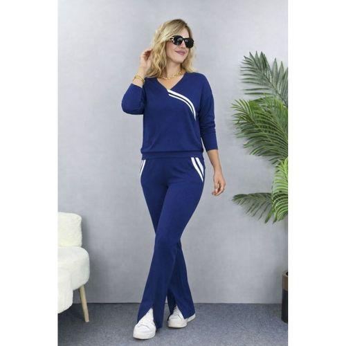 Kadın Uzun Kollu V Yakalı şerit Detaylı Viskon Iki Iplik Bluz Ve Pantolon Ikili Takım