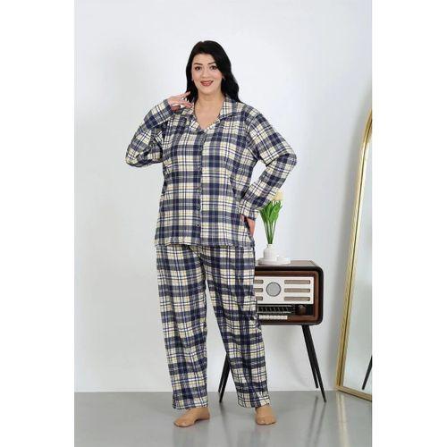 Kadın Büyük Beden Pamuklu Cepli Düğmeli Lacivert Pijama Takım