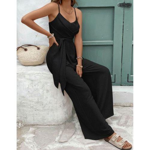 Kadın Ip Askılı V Yakalı Belden Kuşaklı Uzun Aerobin Tulum