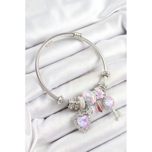 316L Çelik Pembe Zirkon Taşlı Yıldız Anahtar Ve Kalp Model Gümüş Renk Charm Bileklik