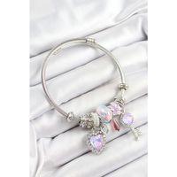 316L Çelik Pembe Zirkon Taşlı Yıldız Anahtar Ve Kalp Model Gümüş Renk Charm Bileklik