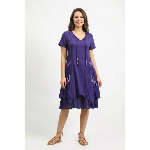Kısa Kol Nil Vual Diz Boyu Çift Cepli Nakışlı Yazlık Elbise Mor Mor
