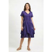 Kısa Kol Nil Vual Diz Boyu Çift Cepli Nakışlı Yazlık Elbise Mor Mor