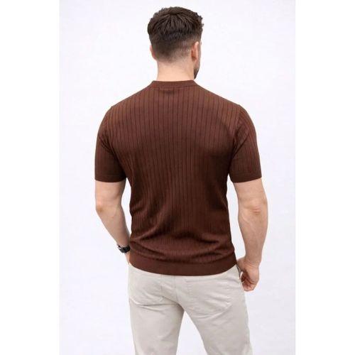 Erkek Kısa Kol Fitilli Triko T-Shirt Yazlık Hakim Yaka Tişört - Kahverengi