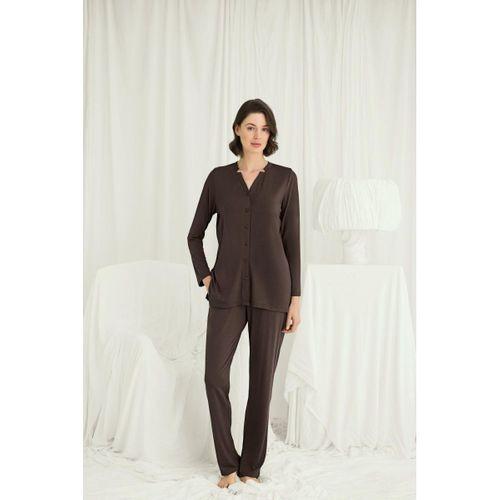 Uzun Kollu Boydan Düğmeli V Yaka Pijama Takımı