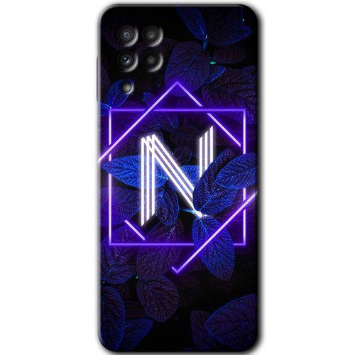 MRCİLETİSİM Samsung Galaxy A22 Kılıf Baskılı Kapak - Dark Neon Yaprak N Harfi +Tam Kaplayan Mat Seramik
