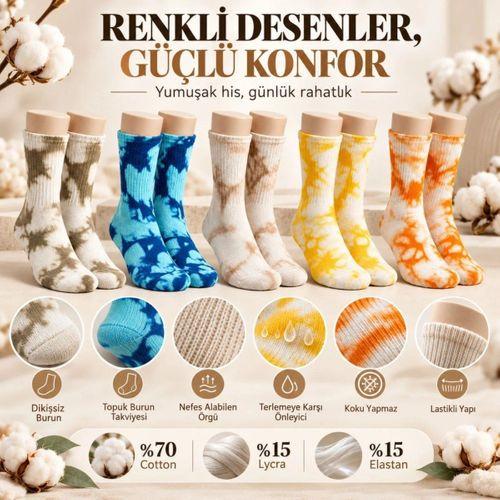 Unisex Batik Desenli Çorap 10'lu Set Pamuklu Renkli Uzun Soket Dikişsiz Nefes Alan Günlük Spor Çorabı
