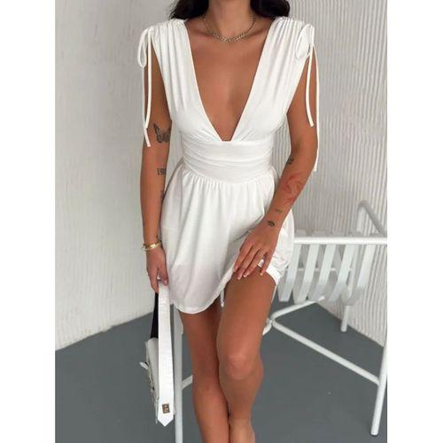 Derin V Yaka Etek Görünümlü Şortlu Elbise Drapeli Mini Yazlık - Beyaz