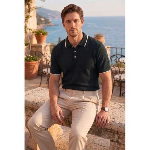 Balzac Yakası Şeritli Düğmeli Polo Yaka Basic Günlük Petek Örgü Triko Erkek T-Shirt - Siyah