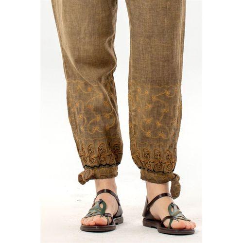 Beli Lastikli İnka Bilekten Bağlamalı Otantik Nakışlı Kadın Poplin Pantolon Toprak Tprk